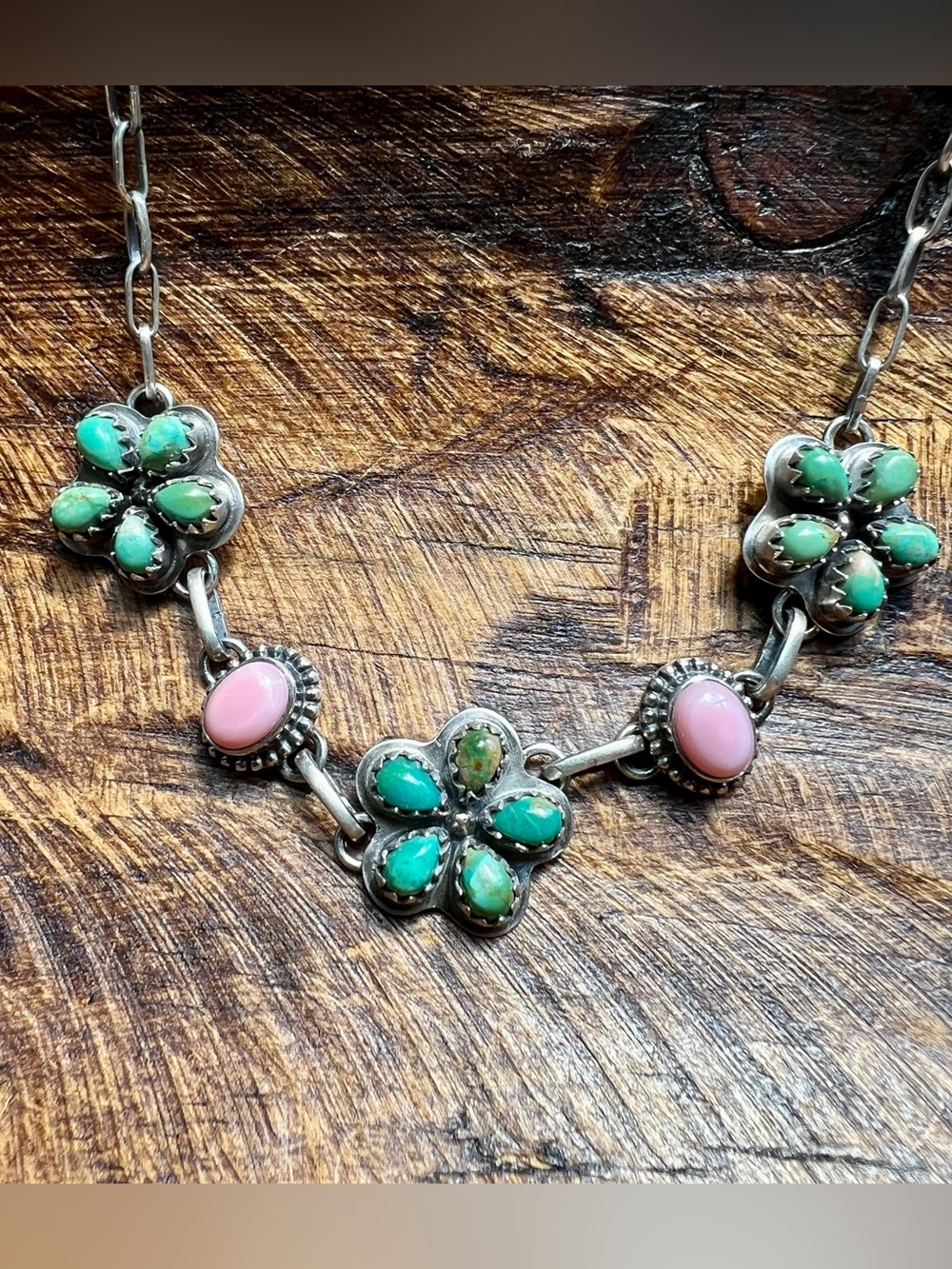 Sterling Silver Kingman Turquoise & Queen Conch Floral Choker Necklace